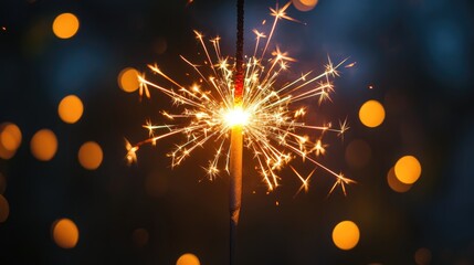 Fototapeta premium New Year Sparkler Celebration with Bokeh Lights in the Background, Capturing Festive Atmosphere and Joyous Moments of Festivity