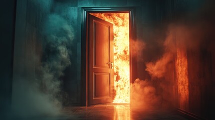 Flames and Smoke Erupting from Open Doorway in Dimly Lit Corridor Creating a Dramatic and Tense Atmosphere