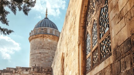 Opulent stone minaret of ancient citadel with intricate lattice window and ornate dome against bright blue sky and sunny day ambience