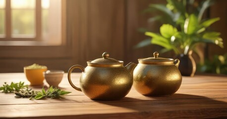 Argentine Yerba Mate teapot on a wooden table with a warm golden light, teapot, tea