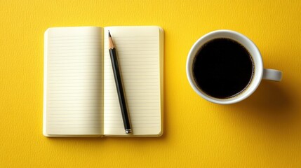 Yellow background, notebook, pencil, coffee, planning, ideas, work