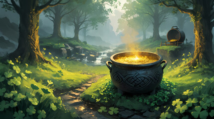 Celtic pot of gold in enchanting forest, sunlight reflection, Irish folklore theme, St. Patrick's Day