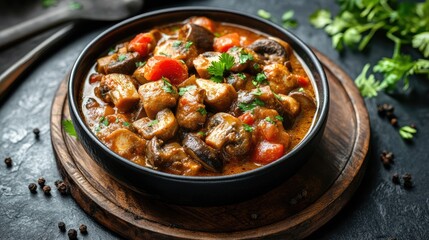 Mushroom curry in a black ceramic bowl on a wooden platter with spices and coriander against a dark backdrop for gourmet food presentation