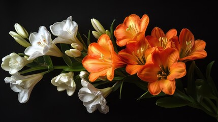 Vibrant Orange Freesias and Elegant White Lilies Arranged on Solid Black Background in Close-Up with Natural Lighting.
