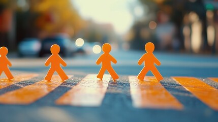 Cheerful orange stick figures crossing a yellow striped crosswalk on a blurred urban street background symbolizing safety and respect for essential workers.