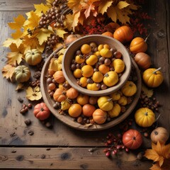 Autumnal foliage of yellow leaves surrounding a bowl of pumpkins and chestnuts on a rustic wooden table , wood, landscape
