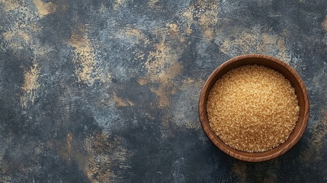 Granulated brown sugar in a rustic wooden bowl on a textured background with space for text and content showcasing unhealthy food concept