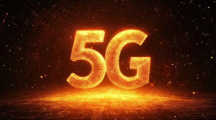 Illuminated 5G Text in Vibrant Orange Against a Dark Starry Background Representing Global Wireless Connectivity and Technology Innovation