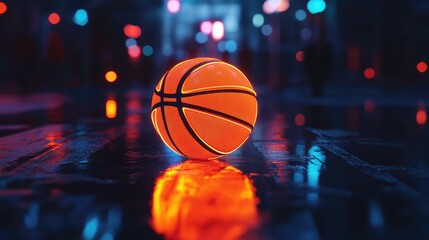 Illuminated orange basketball resting on reflective surface with vibrant neon lights casting colorful glows in a blurred dark urban background