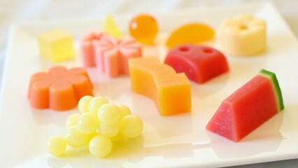 Creative Jell-O molded into intricate shapes like fruits, flowers, and geometric figures. Each piece shines with a smooth, glossy finish, set against a neutral background.