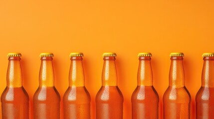 Row of amber beer bottles with golden caps arranged on vibrant orange backdrop creating a warm and inviting beverage concept.
