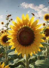 Obraz premium Beautiful sunflower garden with bees collecting nectar, garden, natural