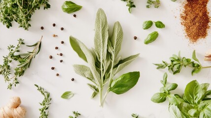 Fresh herbs and spices arranged artistically around an open notebook for culinary creativity and recipe development