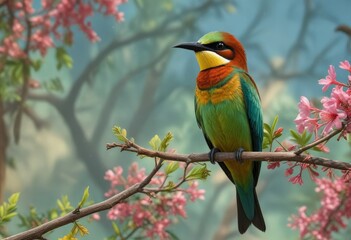 Fototapeta premium Bee Eater's striking feathers highlighted against a serene branch with blooming flowers, flower, bee hunter, greenery