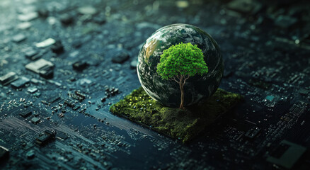 A unique sculpture showcases a moss-covered Earth, symbolizing the harmony between nature and technology. The vibrant tree emerges from the green surface, highlighting ecological themes.