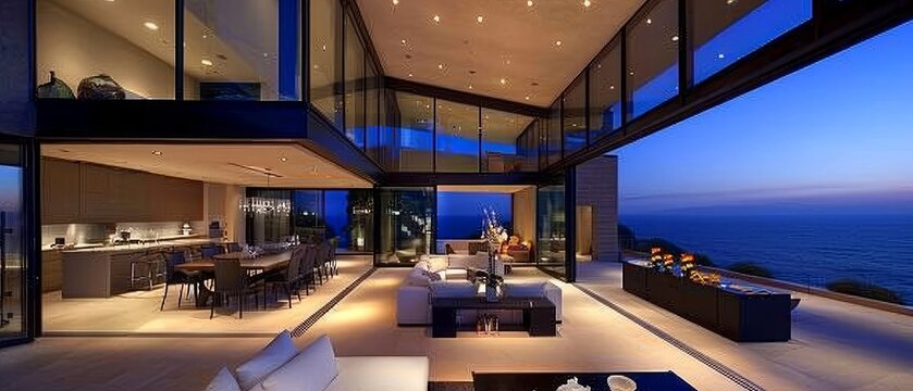 Modern, luxury home showcase living room and dining room open to ocean view at dusk