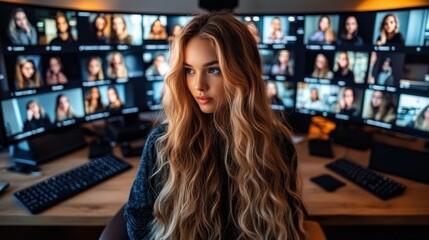 Blond Woman Photographer Editing Photos on Multiple Monitors
