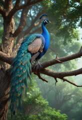 Obraz premium Blue peafowl resting on a branch in the treetops, still life, peaceful scene