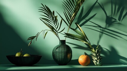 Tropical decor with greenery and fruit accents