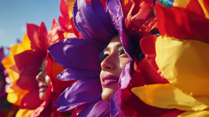 Panagbenga Festival, close-up of dancers with large red, yellow and purple flower-shaped...