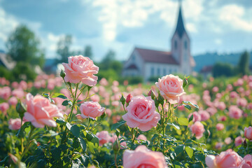 a field of pink roses with a church in the background