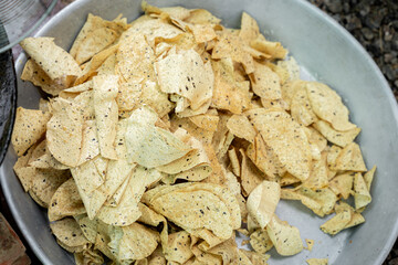 Traditional papad in a bowl in street food stall