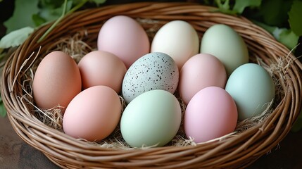 Pastel-colored eggs in a wicker basket