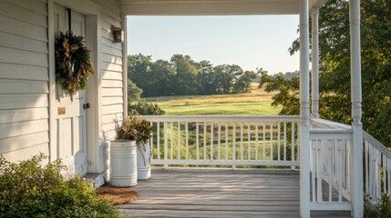 Farmhouse style front porch with white wood railings generative ai
