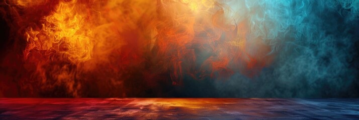 poster, horizontal banner, abstract festive background, floodlights, empty red wooden stage in colored smoke, red blue gradient, copy space, free space for text