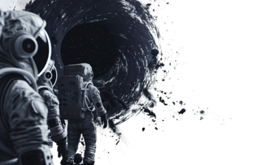 A team of astronauts encountering a black hole in the depths of space during an exploration mission Isolated on transparent background PNG