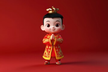 Cute little boy with a traditional Chinese costume on light red background. Generation AI.