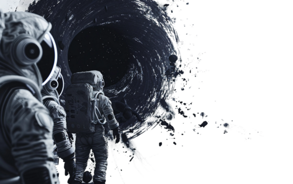 A team of astronauts encountering a black hole in the depths of space during an exploration mission Isolated on transparent background PNG