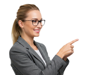 A professional woman with blonde hair tied back, wearing glasses and a gray blazer, pointing to the side with her index finger isolated on transparent background