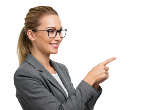 A professional woman with blonde hair tied back, wearing glasses and a gray blazer, pointing to the side with her index finger isolated on transparent background