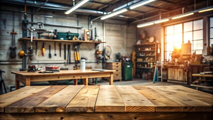A wooden workbench in the foreground with a workshop in the background