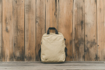 A tan backpack sits on a wooden surface