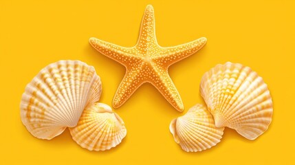 Seashells starfish yellow background summer design