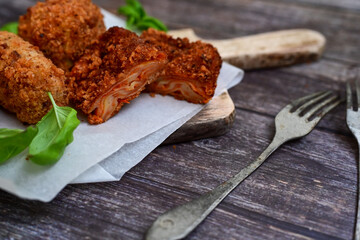Traditional Fried Snacks  Roman  street Food. Arancini, fried lasagne , stuffed balls rice Crocche and fried pasta. 
 Italian gastronomy travel concept 