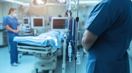 Doctor in the hospital room. Blurred view of a medical professional and patient in the background.