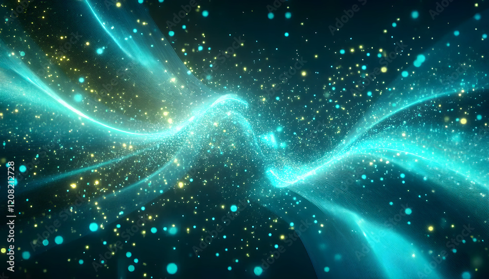 Wall mural background with glowing light blue and green lines, particles of data flowing in the air.