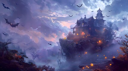 Eerie Halloween scene featuring a haunted house encircled by ghosts and bats