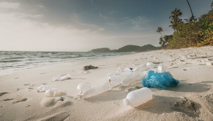 Obraz premium Plastic bottles and garbage on the beach. Environmental pollution issues. 