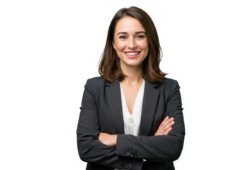 A confident woman with shoulder-length brown hair, wearing a dark gray blazer and white blouse, arms crossed isolated on transparent background