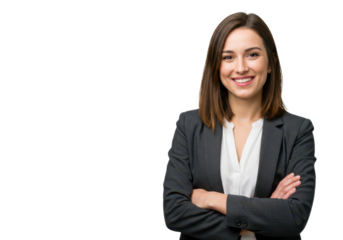 A confident woman with shoulder-length brown hair, wearing a dark gray blazer and white blouse, arms crossed isolated on transparent background