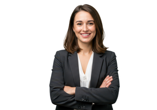 A confident woman with shoulder-length brown hair, wearing a dark gray blazer and white blouse, arms crossed isolated on transparent background