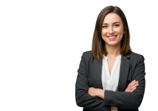 A confident woman with shoulder-length brown hair, wearing a dark gray blazer and white blouse, arms crossed isolated on transparent background