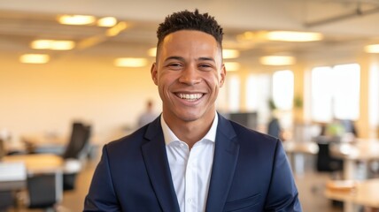 Naklejka premium A smiling African American man in a navy suit stands confidently in a modern office, radiating positivity and professionalism.