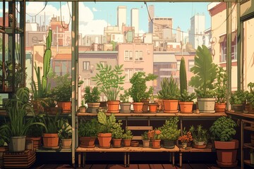 Fototapeta premium Domestic Life. balcony with many plants, flowerpots, against background of roofs of houses