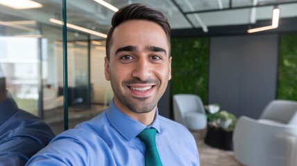 Fototapeta premium Smiling Middle-Eastern man in a blue shirt and green tie poses in a modern office setting with green plants in the background, exuding confidence and positivity.