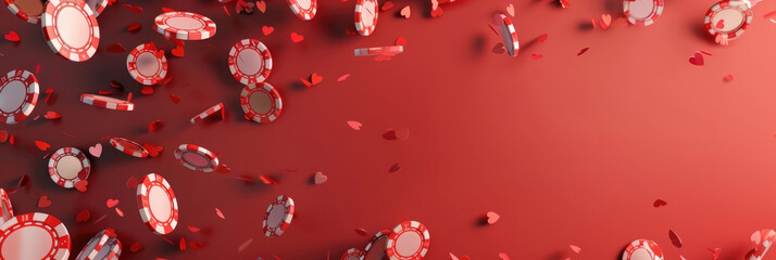 falling colorful poker chips, gambling, horizontal casino banner, abstract red background, copy space, free space for text